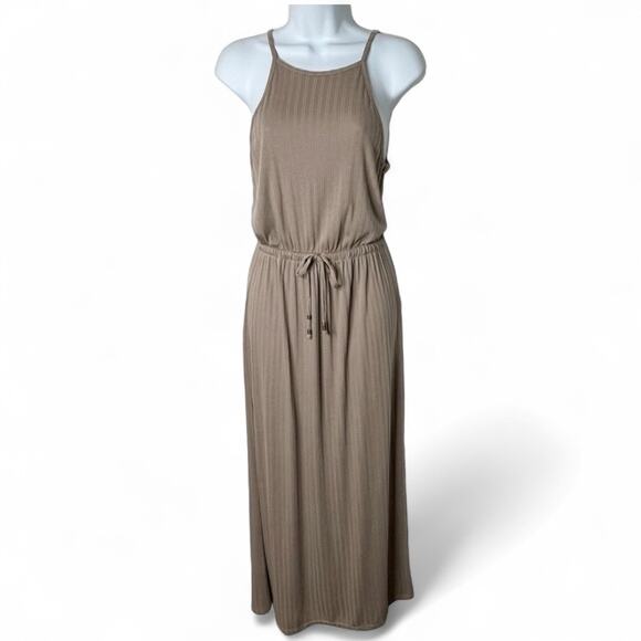 Pink Rose Women's Maxi Dress S Tan Sleeveless Blouson Ribbed Drawstring Long - Picture 2 of 8